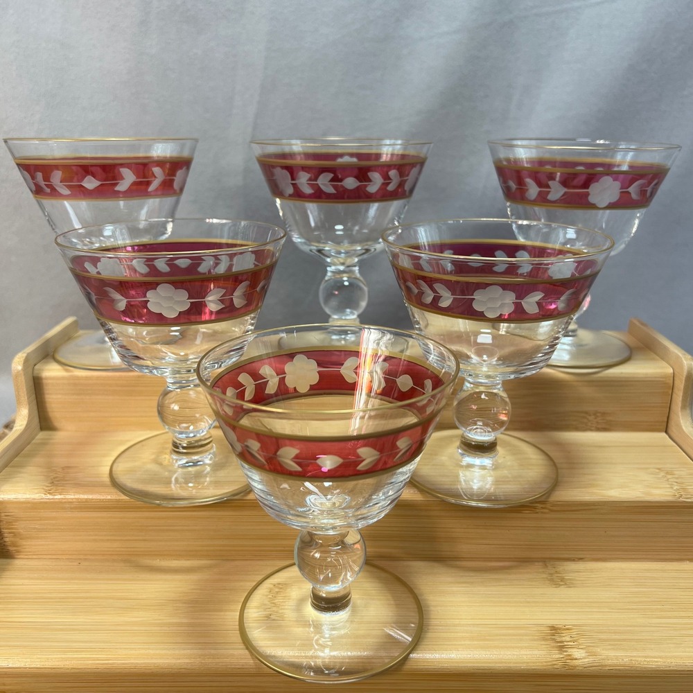 Vintage Cranberry Etched Glass Sherbet Coupes‎ Set of 6 Gold Rim Floral Bohemian